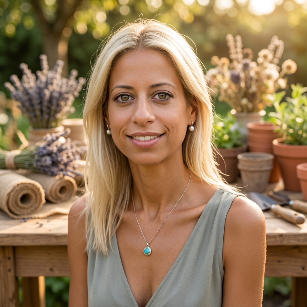 Jessica, the maker behind Garden of England Gifts, at her garden workbench in Kent