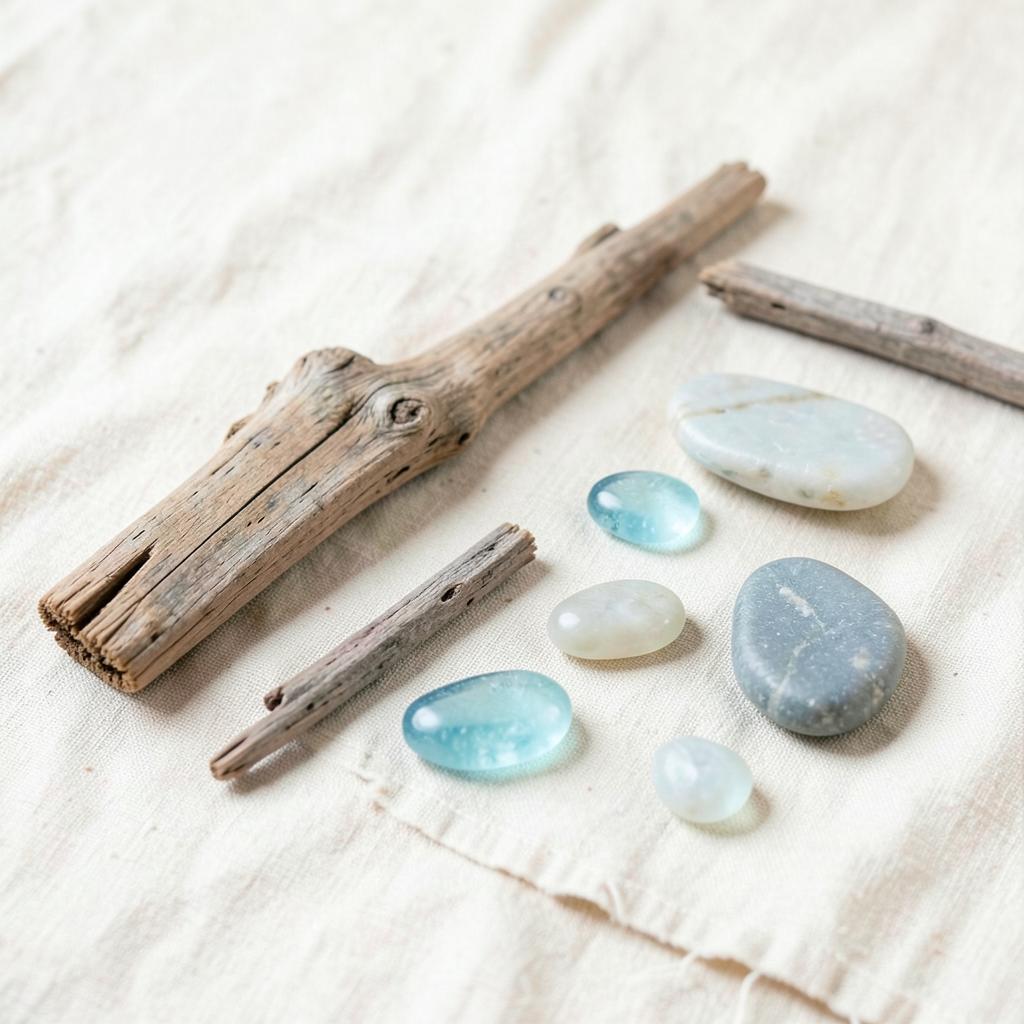 Driftwood, smooth beach stones and sea glass laid out on linen