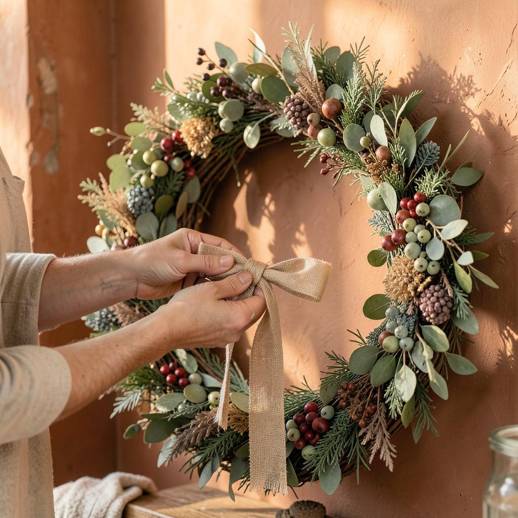 Hands tying greenery onto a wreath base at the Kent workbench