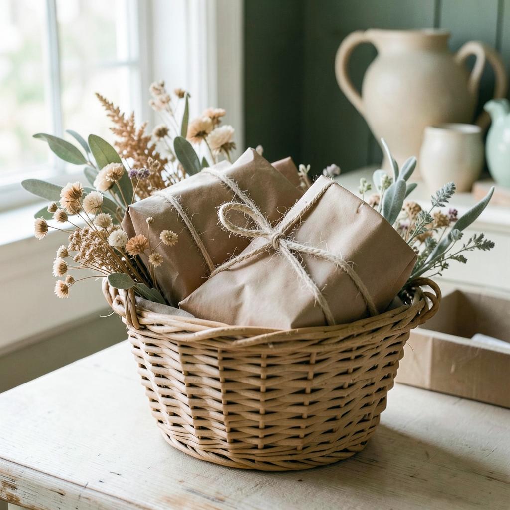 Finished gifts wrapped in brown paper and twine in a woven basket with dried flowers
