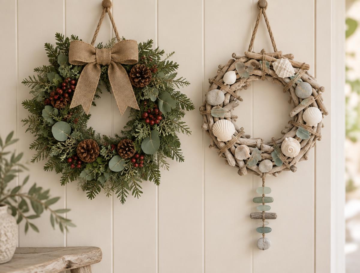 Two handmade door hangings — one of garden greenery and berries, one of driftwood, stones and sea glass