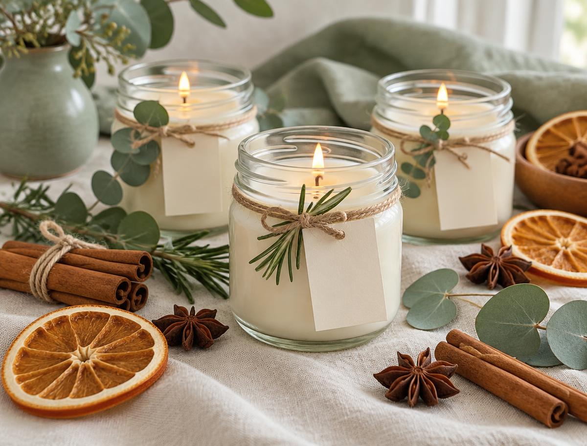 Handmade natural soy candles in glass jars with cream labels, rosemary, dried orange and cinnamon