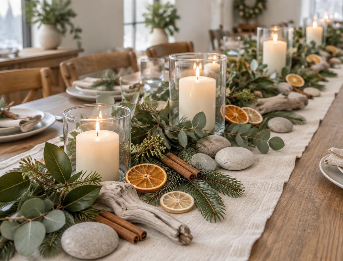 A winter table display with eucalyptus and pine greenery, cream candles, dried citrus and pale stones