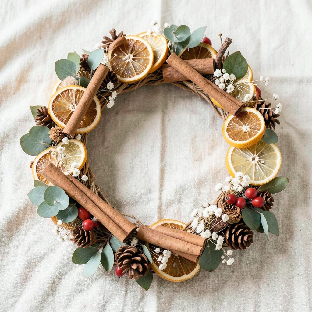 Large autumn wreath with dried oranges, cinnamon sticks and greenery