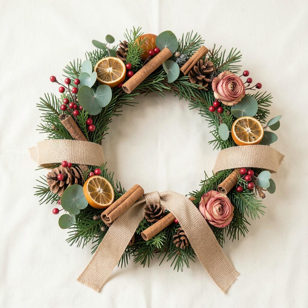 Large Christmas wreath with fresh greenery, red berries and hessian bow